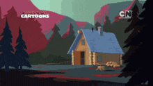 an advertisement for cartoon network shows a log cabin in a forest
