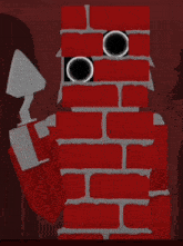 a red brick holding a trowel in front of a brick wall