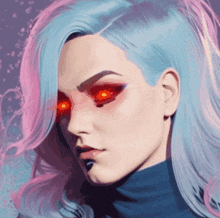 a painting of a woman with blue hair and red eyes