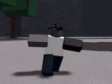 a cartoon character wearing a hat and a white shirt is standing in front of a tree