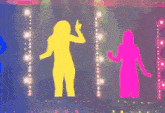 a silhouette of a woman in a yellow dress pointing at another woman in a pink dress