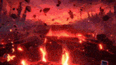 a computer generated image of a volcano with rocks flying in the air