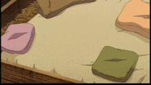 a cartoon drawing of a bed with pillows and blankets on it