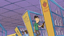 a cartoon of a man holding a bottle in a store with a sign that says fresh apple