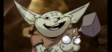 a cartoon character is smiling while holding a bug and a bag .