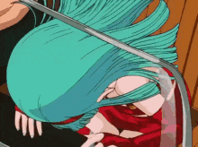 a close up of a person 's head with long blue hair