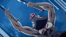 a cartoon character is holding two swords in his mouth and flying through the air .