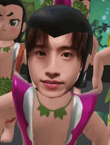 a close up of a person 's face with a cartoon character behind him