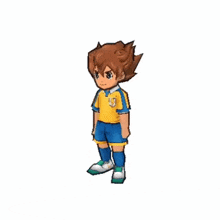 a cartoon boy in a yellow shirt and blue shorts is standing on one leg .