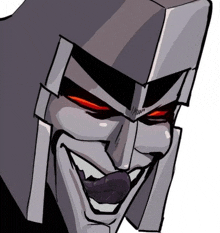 a close up of a cartoon character 's face with a helmet on and red eyes .