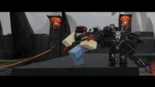 a cartoon character playing a guitar next to a cartoon character holding a sword