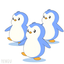 three blue and white penguins are standing next to each other and the word pengu is on the bottom