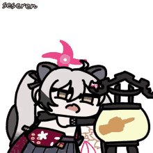 a cartoon of a girl with a ponytail and a pink flower in her hair holding a lantern .