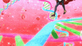 a colorful drawing of a person skating on a dna molecule