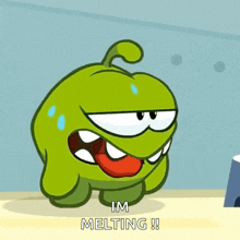 a cartoon character is standing on a table with his mouth open and his tongue hanging out .