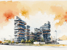 a watercolor painting of a city with the word polio on the bottom right
