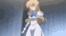 a girl in a white dress with a blue bow is standing in a dark room