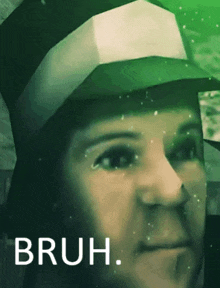 a close up of a man 's face with the words bruh on the bottom right