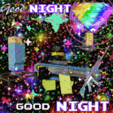 a good night greeting card with a rainbow diamond and guns