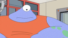 a cartoon character is wearing an orange shirt and has one eye