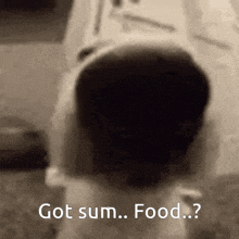 a black and white photo of a dog with the words got sum food