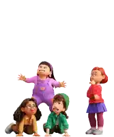 a girl in purple overalls is jumping in the air while two other girls look on