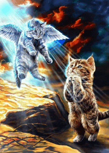 a painting of two cats one of which has wings on