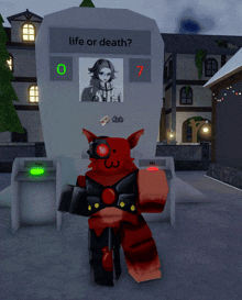 a cartoon character standing in front of a sign that says " life or death "