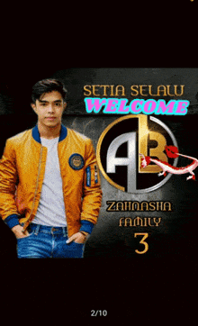 a man in a yellow jacket stands in front of a sign that says setia selalu war zahrasha family 3
