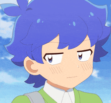 a cartoon character with blue hair and a green shirt has a serious look on his face