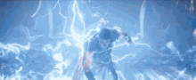 a man is being hit by a lightning bolt in a dark room