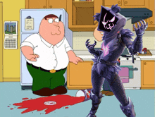 a cartoon of peter griffin and a purple monster