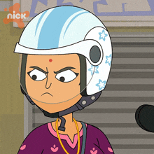 a cartoon of a woman wearing a helmet with the nick logo behind her