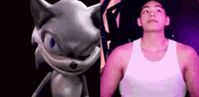 a man in a white tank top is next to a cartoon character .