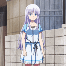 a girl with purple hair and a blue dress stands in front of a brick wall