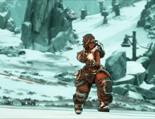 a video game character is holding a gun in a snowy environment
