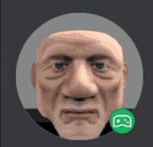 a close up of a man 's face in a circle with a game controller icon in the corner