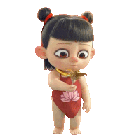 a cartoon character is wearing a red top with a lotus on it