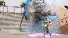 a man in a superhero costume is standing in front of a wall with a sign that says ' a '