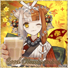a picture of a girl holding a cup of coffee with the words good okinieevening written below her