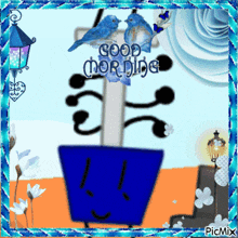a picture that says good morning with a blue flower pot