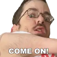 a man with glasses and a beard has the words come on on his arm