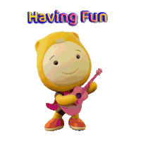 a cartoon character is holding a pink guitar with the words having fun behind him