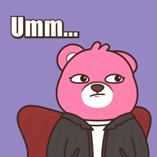 a pink teddy bear is sitting in a chair with the word umm above it