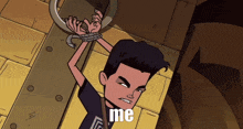 a cartoon of a man tied up with a hammer and the word me below him