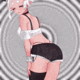 a girl in a bra and shorts is standing in front of a hypnotic circle .