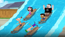 a cartoon of phineas and ferb sledding down a waterslide