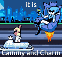 a pixel art of a girl riding a sled with the words it is cammy and charm below it