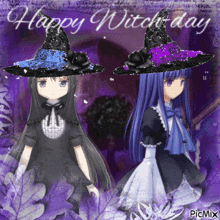 two anime girls wearing witch hats with the words happy witch day written on the bottom