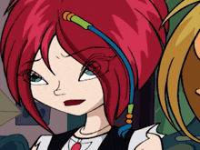 a cartoon of a girl with red hair and a blue ribbon in her hair